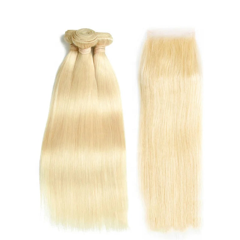Highknight 613 Blonde Straight Human Hair Weave Bundle Mink Brazilian Virgin Cuticle Aligned Hair Bundles With Closure