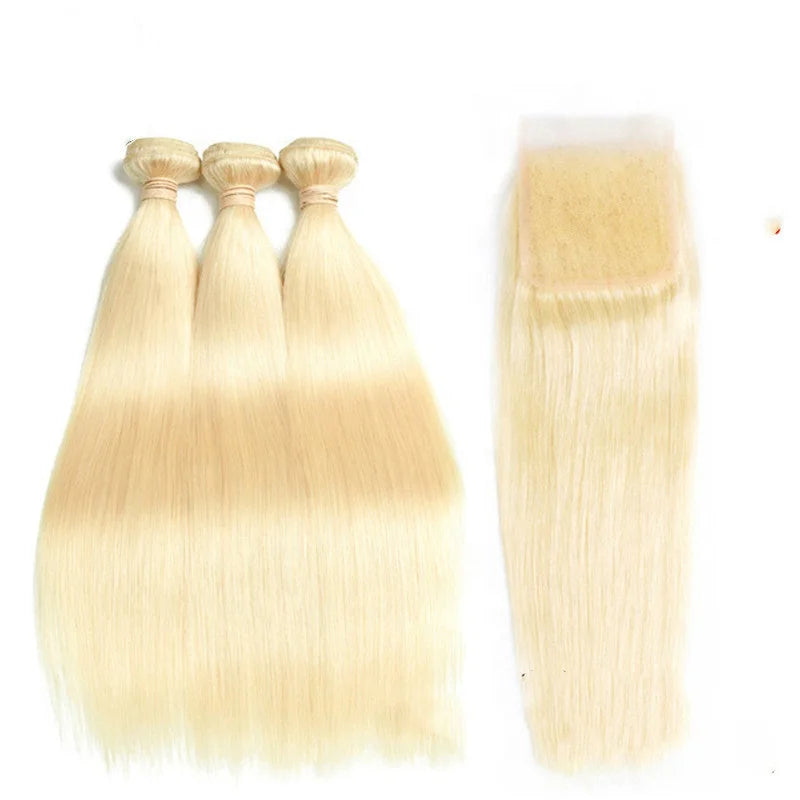 Highknight 613 Blonde Straight Human Hair Weave Bundle Mink Brazilian Virgin Cuticle Aligned Hair Bundles With Closure