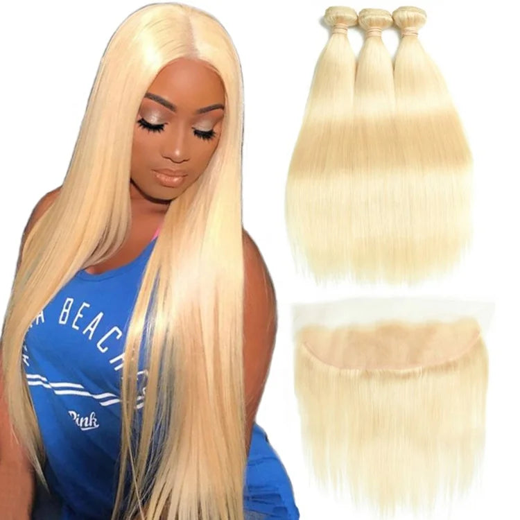 Highknight 613 Blonde Straight Human Hair Weave Bundle Mink Brazilian Virgin Cuticle Aligned Hair Bundles With Closure